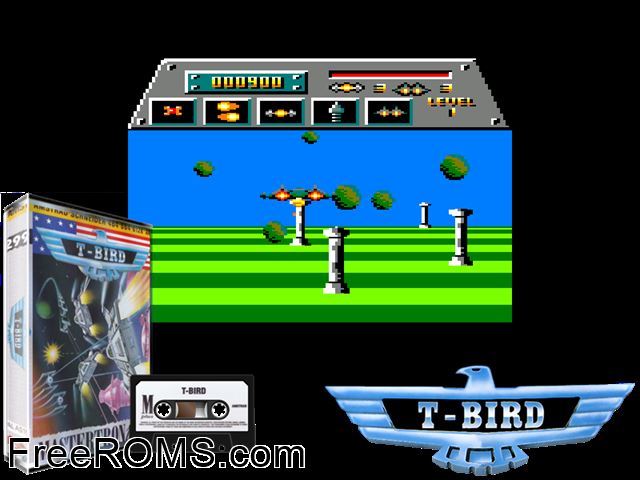 T-Bird (UK) (1989) [h1] Amstrad CPC game showing 3D box cover and gameplay screenshot